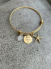Load image into Gallery viewer, saltwater heals my soul, stainless steel beach quote bangle bracelet, silver or gold pewter starfish charm genuine sea glass gift for friend

