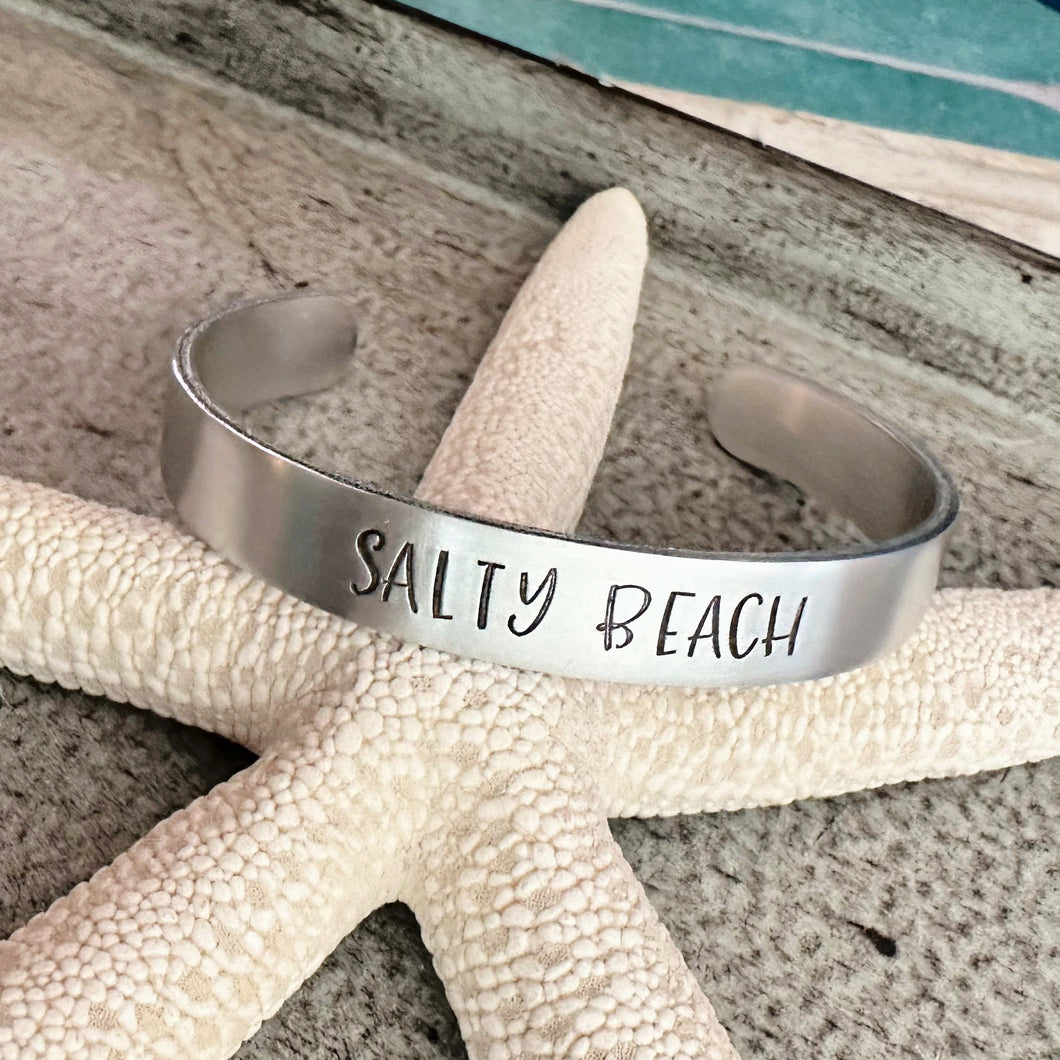 Salty Beach Cuff bracelet - hand stamped silver aluminum - Seashells - Funny Beach gift - gift for beach lover gift for friend