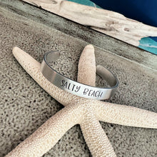 Load image into Gallery viewer, Salty Beach Cuff bracelet - hand stamped silver aluminum - Seashells - Funny Beach gift - gift for beach lover gift for friend
