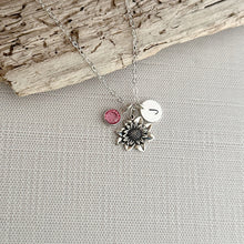Load image into Gallery viewer, Sterling silver Dahlia charm necklace - Plant Jewelry - Flower necklace, Personalized initial - Swarovski Birthstone - gift for her
