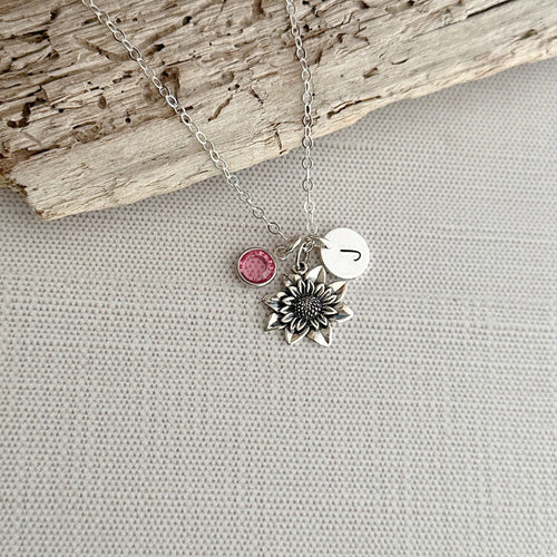 Sterling silver Dahlia charm necklace - Plant Jewelry - Flower necklace, Personalized initial - Swarovski Birthstone - gift for her