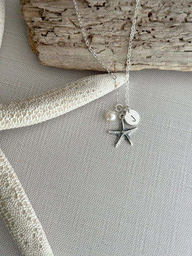 Sterling Silver Starfish necklace - Personalized initial charm and pearl Birthday gift for beach lover, summer jewelry