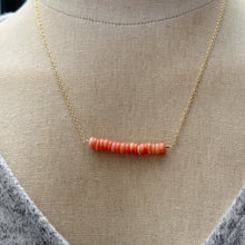 Load image into Gallery viewer, Peach Coral Bar necklace - gold filled beaded bar necklace - Orange gemstone bar necklace - simple modern beach jewelry - salmon pink
