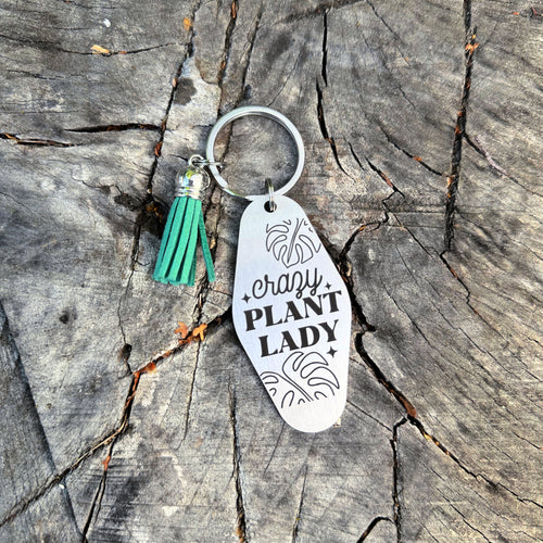 crazy plant lady - funny stainless steel motel fob keychain - faux leather tassel - gift for friend , monstera keychain