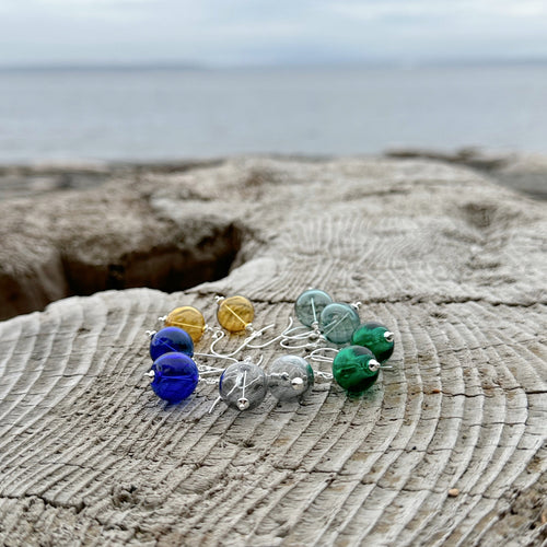 Sterling Silver Blown Glass Fishing Float Earrings, Beach Dangle earrings, beachcomber earrings, blue, yellow, teal, gray