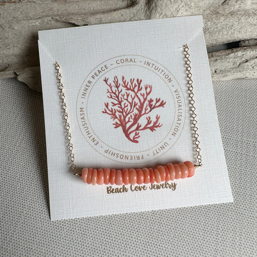 Peach Coral Bar necklace - gold filled beaded bar necklace - Orange gemstone bar necklace - simple modern beach jewelry - salmon pink