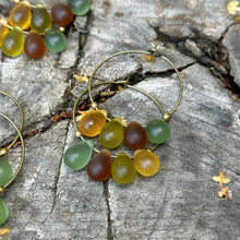 Load image into Gallery viewer, Autumn Color Frosted Glass Teardrop and Antique Brass Hoops, Bohemian Earrings, Sea Glass Colored Drops, Green, yellow and brown fall theme
