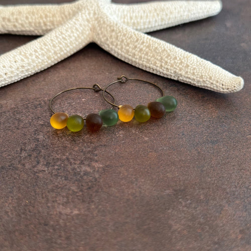 Autumn Color Frosted Glass Teardrop and Antique Brass Hoops, Bohemian Earrings, Sea Glass Colored Drops, Green, yellow and brown fall theme