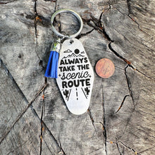 Load image into Gallery viewer, always take the scenic route - stainless steel motel fob keychain - faux leather tassel - gift for friend - outdoor theme
