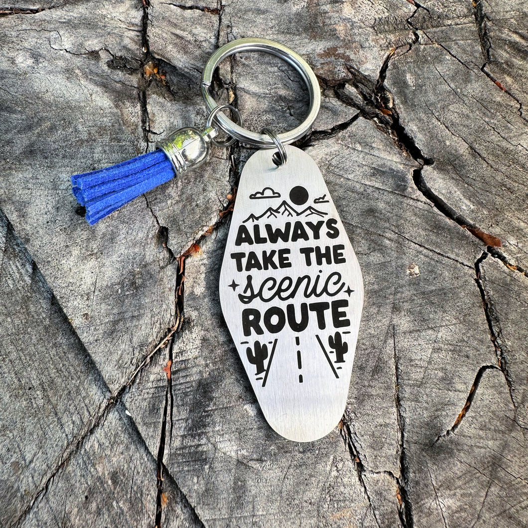 always take the scenic route - stainless steel motel fob keychain - faux leather tassel - gift for friend - outdoor theme