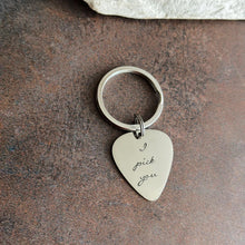 Load image into Gallery viewer, I pick you guitar pick keychain - silver aluminum - hand stamped - gift for him - gift for husband, boyfriend - music lover - cursive font
