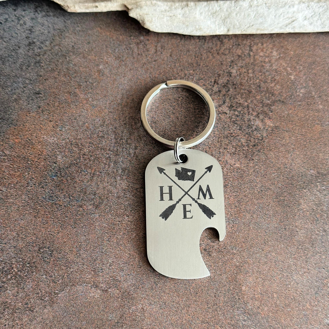 Washington Home keychain with arrows - stainless steel bottle opener keychain - gift for him - - beer bottle opener key ring