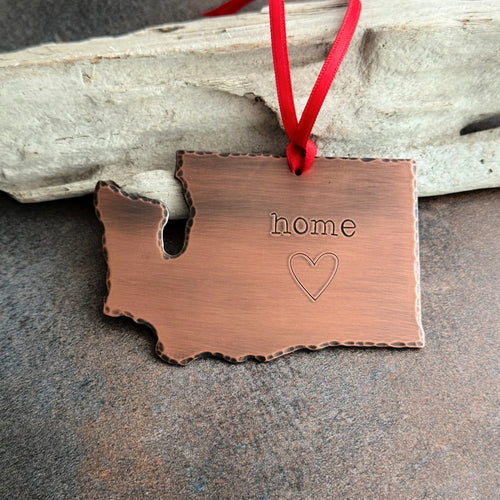 Washington State Ornament - Rustic Copper Christmas Tree Ornament - Home with heart