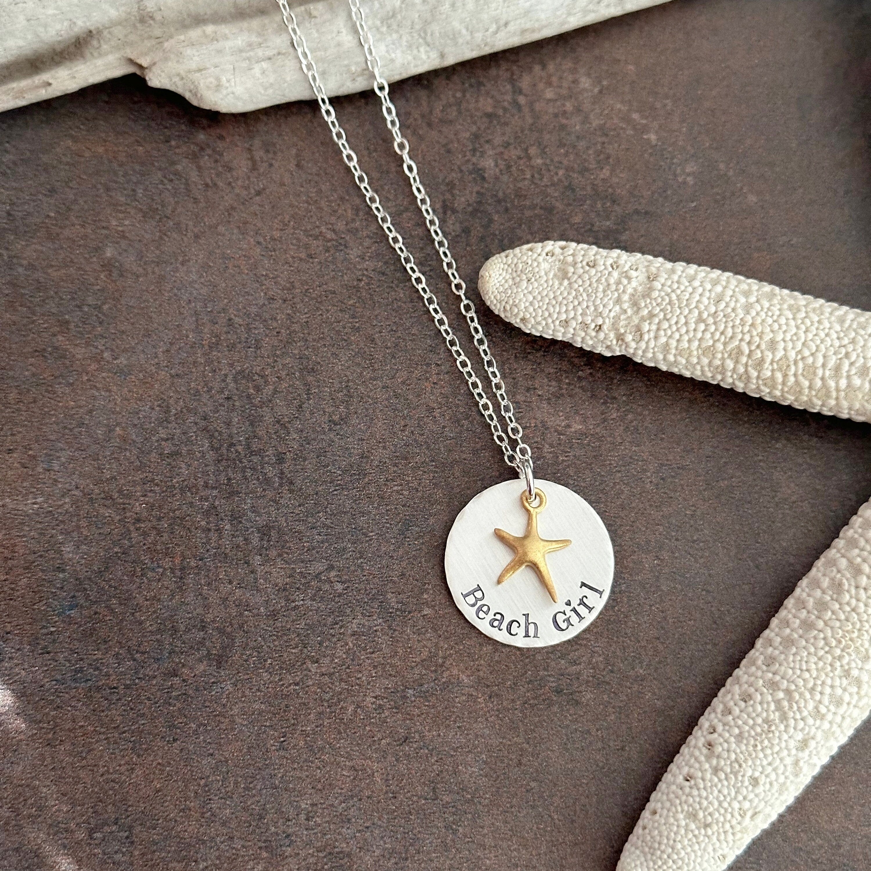 Beach Girl Necklace, Silver and Gold, Sterling silver disc hand stamped  with Gold vermeil starfish, Beach Jewelry, Mixed metal necklace