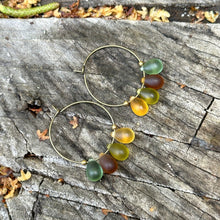 Load image into Gallery viewer, Autumn Color Frosted Glass Teardrop and Antique Brass Hoops, Bohemian Earrings, Sea Glass Colored Drops, Green, yellow and brown fall theme

