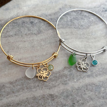 Load image into Gallery viewer, Hibiscus flower charm bracelet, silver or gold stainless steel, genuine sea glass and crystal birthstone
