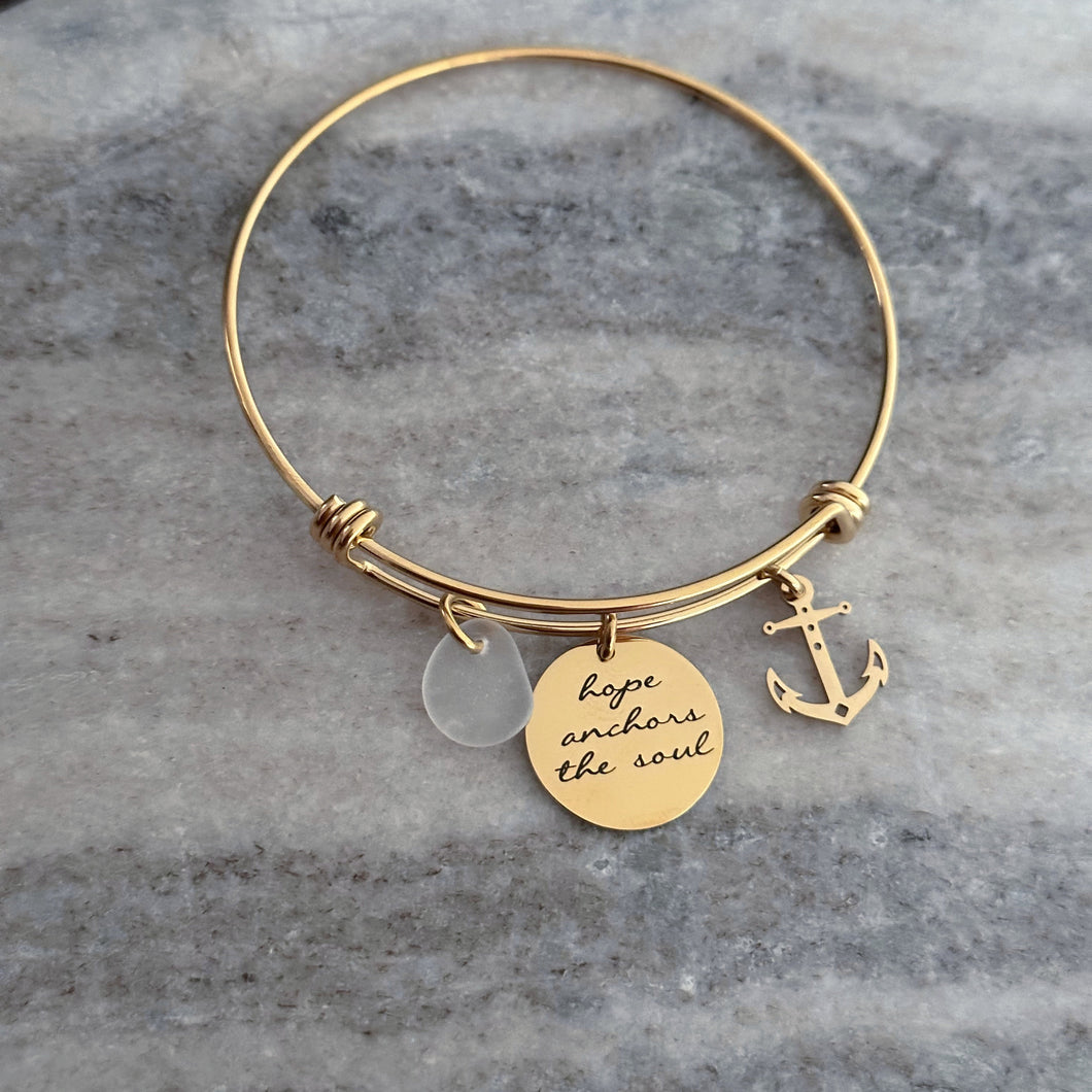 hope anchors the soul, stainless steel adjustable beach bangle bracelet, silver or gold anchor charm, genuine sea glass in choice of color