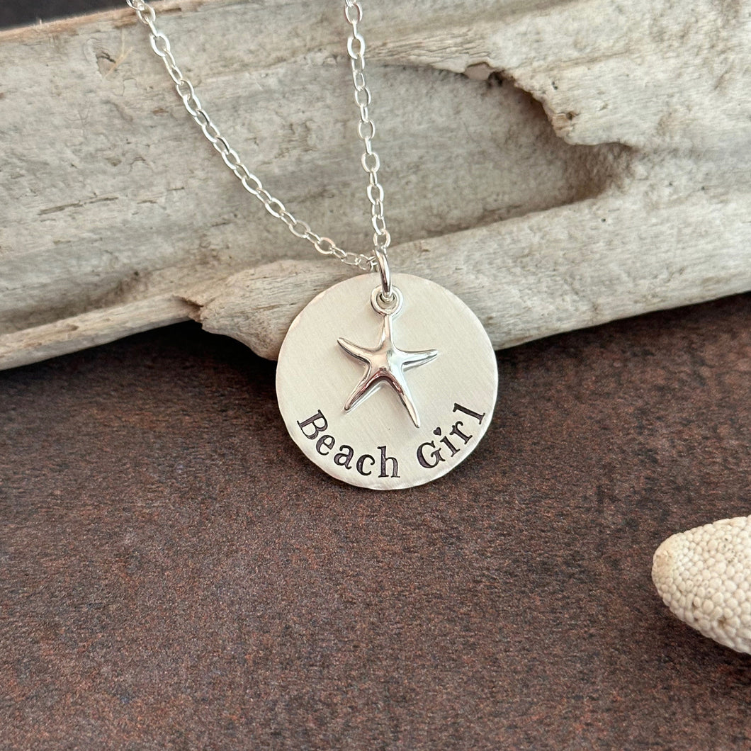 Beach Girl Necklace, sterling silver with starfish charm, Beach Jewelry, gift for Beach lover