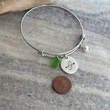 Load image into Gallery viewer, Kayak bracelet stainless steel adjustable wire bangle - genuine sea glass and Swarovski crystal Pearl - Pewter Pebble Coin - Paddler charm
