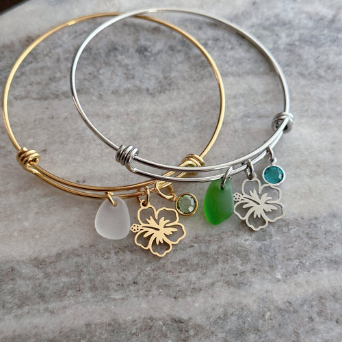 Hibiscus flower charm bracelet, silver or gold stainless steel, genuine sea glass and crystal birthstone