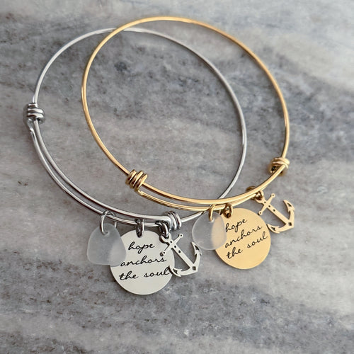 hope anchors the soul, stainless steel adjustable beach bangle bracelet, silver or gold anchor charm, genuine sea glass in choice of color