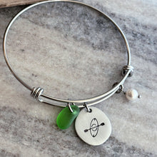 Load image into Gallery viewer, Kayak bracelet stainless steel adjustable wire bangle - genuine sea glass and Swarovski crystal Pearl - Pewter Pebble Coin - Paddler charm
