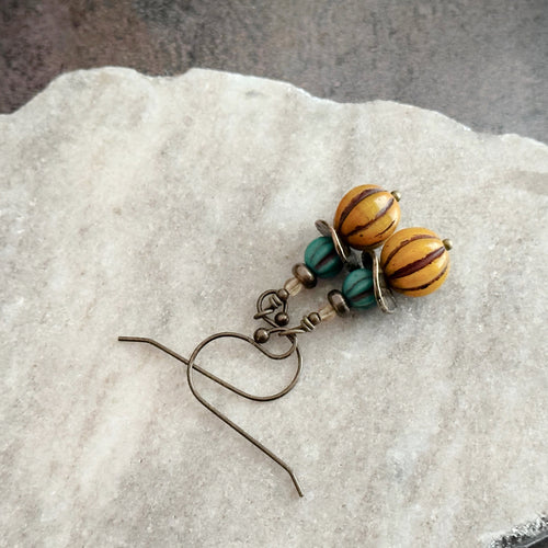 Teal and mustard yellow earrings - Czech glass bead earrings with Brass patterned discs - Bohemian earrings - Dangle earrings