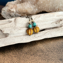 Load image into Gallery viewer, Teal and mustard yellow earrings - Czech glass bead earrings with Brass patterned discs - Bohemian earrings - Dangle earrings
