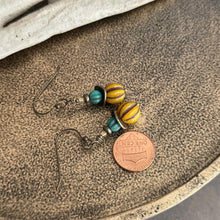 Load image into Gallery viewer, Teal and mustard yellow earrings - Czech glass bead earrings with Brass patterned discs - Bohemian earrings - Dangle earrings
