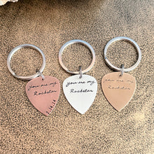 Load image into Gallery viewer, you are my rockstar - personalized with date - Rustic guitar pick keychain Hand Stamped Copper Guitar Pick, 18g, Gift for him under 30
