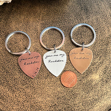 Load image into Gallery viewer, you are my rockstar - personalized with date - Rustic guitar pick keychain Hand Stamped Copper Guitar Pick, 18g, Gift for him under 30
