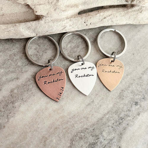you are my rockstar - personalized with date - Rustic guitar pick keychain Hand Stamped Copper Guitar Pick, 18g, Gift for him under 30