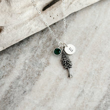 Load image into Gallery viewer, Pacific Northwest Pine Tree charm necklace, sterling silver, Personalized charm initial with birthstone crystal, PNW gift idea
