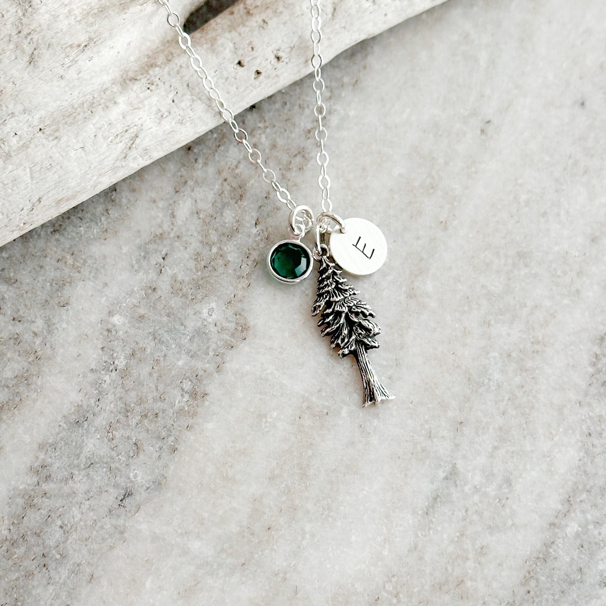 Pacific Northwest Pine Tree charm necklace, sterling silver, Personalized  charm initial with birthstone crystal, PNW gift idea
