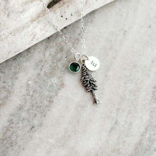Pacific Northwest Pine Tree charm necklace, sterling silver, Personalized charm initial with birthstone crystal, PNW gift idea
