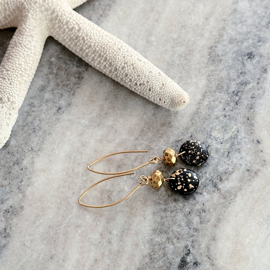 Black and gold Czech glass earrings - circle and faceted beads - dangle earrings - splatter design