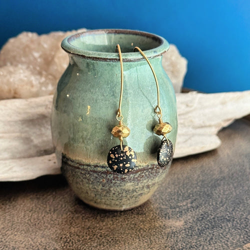 Black and gold Czech glass earrings - circle and faceted beads - dangle earrings - splatter design