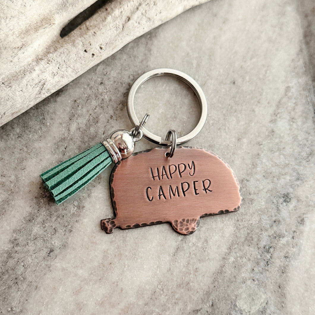 Happy Camper key chain - RV trailer - Glamper - Trailer - Wanderer - Traveler Key Ring - Gift for Outdoorsy Person Rustic copper with tassel