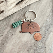 Load image into Gallery viewer, Happy Camper key chain - RV trailer - Glamper - Trailer - Wanderer - Traveler Key Ring - Gift for Outdoorsy Person Rustic copper with tassel
