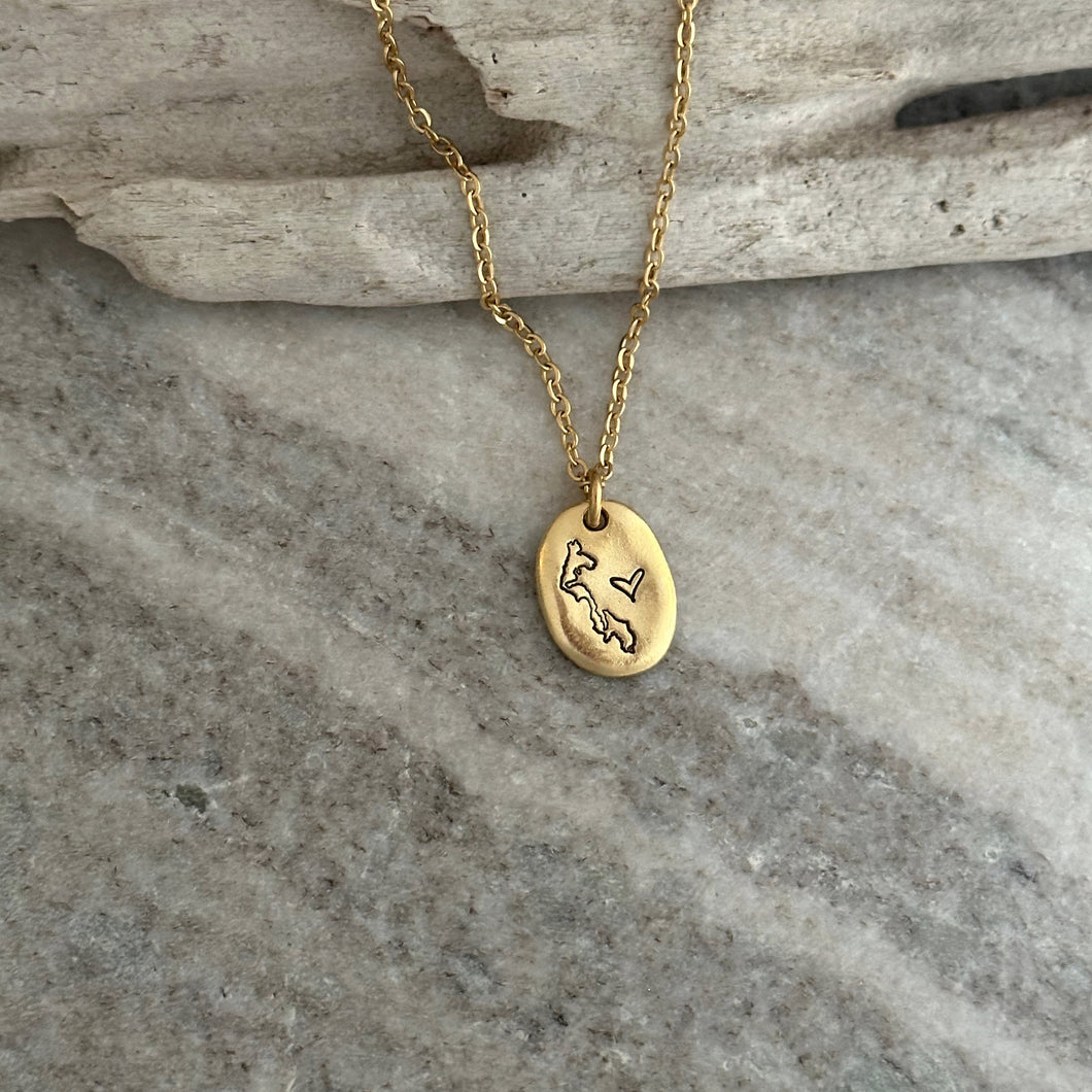Small Oval Whidbey Island Necklace - Choice of Silver or Gold pewter organic shaped - stainless steel chain - Whidbey Island with Heart