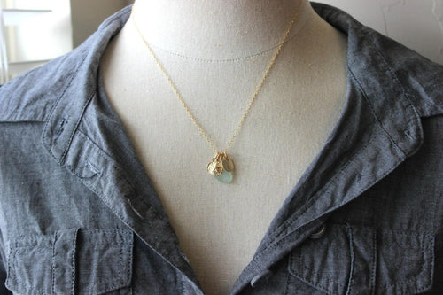14k Gold filled Sand dollar Charm Necklace - genuine Sea Glass & Initial Charm - Wedding Bridesmaid Gift  Swarovski Birthstone, gift for her