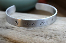 Load image into Gallery viewer, Beach Girl, Hand stamped aluminum bracelet, 3/8 Inch Bangle Silver tone Cuff Bracelet, Lightweight, Starfish, summer jewelry
