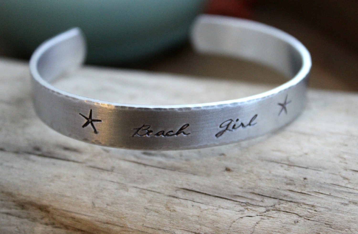 Beach Girl, Hand stamped aluminum bracelet, 3/8 Inch Bangle Silver tone Cuff Bracelet, Lightweight, Starfish, summer jewelry