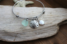 Load image into Gallery viewer, Sand dollar bracelet - silver stainless steel adjustable beach bangle - Choice of beach charm, genuine sea glass - freshwater coin pearl
