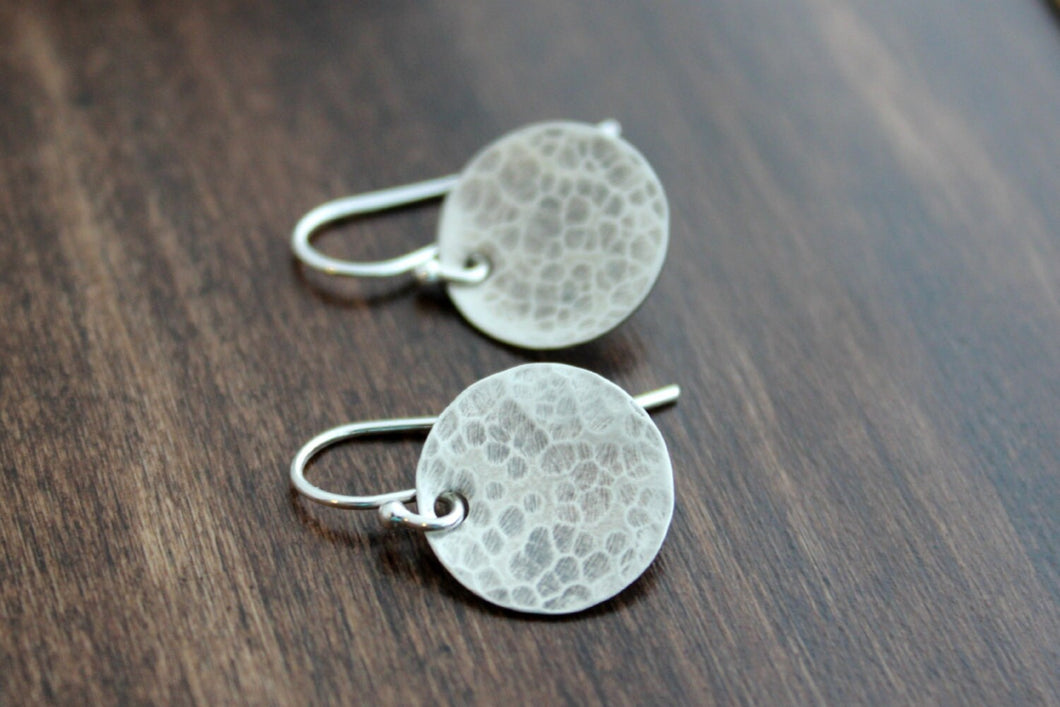 Darkened Hammered sterling silver round circle disc earrings, Sterling silver ear wire, Brushed Satin finish, Textured, Modern Dot, oxidized
