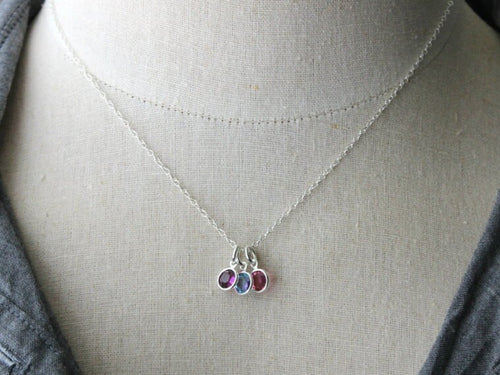 Swarovski Crystal Birthstone Charm Necklace, Sterling silver chain with three birthstone crystals, Mommy Jewelry