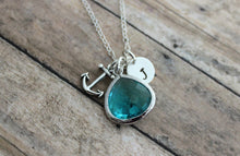 Load image into Gallery viewer, Sterling Silver Anchor and Turquoise Blue Bezel Set Glass gem Stone with personalized initial charm - teal beach necklace gift for friend
