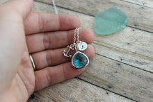 Load image into Gallery viewer, Sterling Silver Anchor and Turquoise Blue Bezel Set Glass gem Stone with personalized initial charm - teal beach necklace gift for friend
