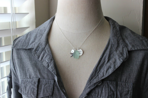 Beach Girl Necklace, Sterling silver, Hand Stamped, Starfish Charm, Genuine Sea Glass and Initial Letter Disc, Beach Jewelry, Sea Star