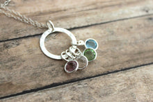Load image into Gallery viewer, Family Circle Necklace, Childrens Birthstones, Sterling Silver Hammered Washer Necklace, Swarovski Crystal Birthstones, Mothers Necklace
